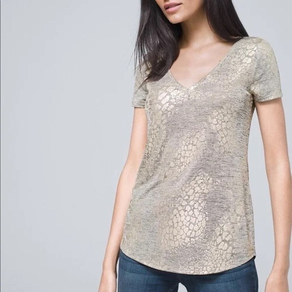 WHBM Gold Metallic Snake Print V-Neck Tee Size Medium
